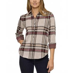NEW FLAGS & ANTHEM women's adelaide knit flannel top in tan/black/berry